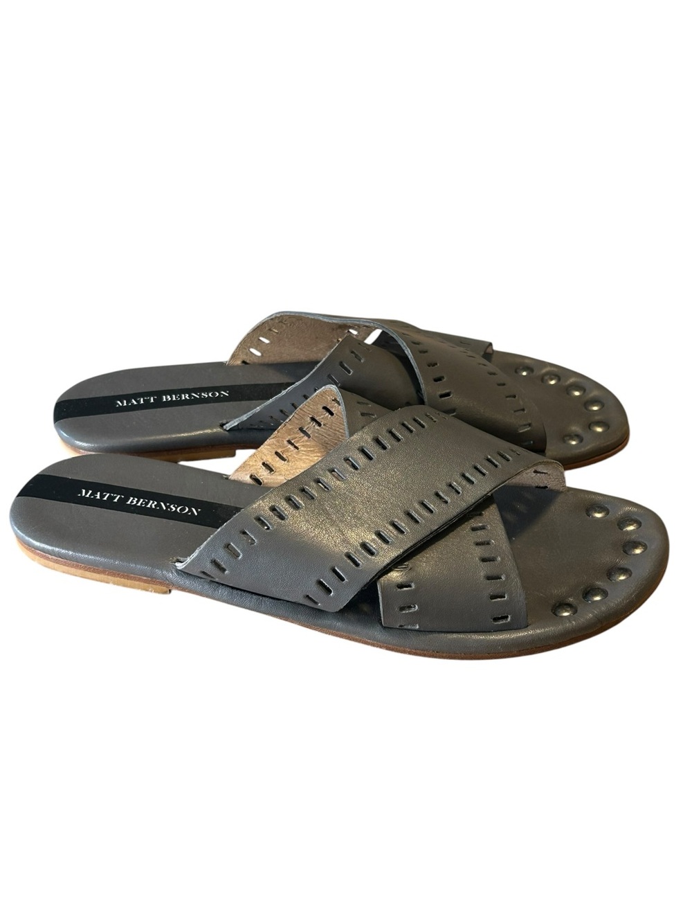 Matt Bernson Womens Gray Leather Perforated Detailing Slide Sandals Size 8